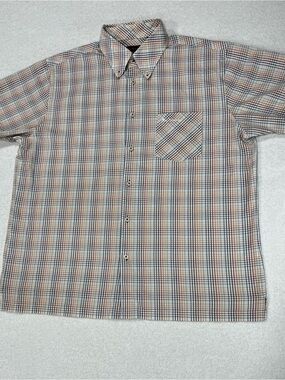 Ben Sherman Beige Plaid Short-Sleeve Button-Down Shirt with Chest Pocket